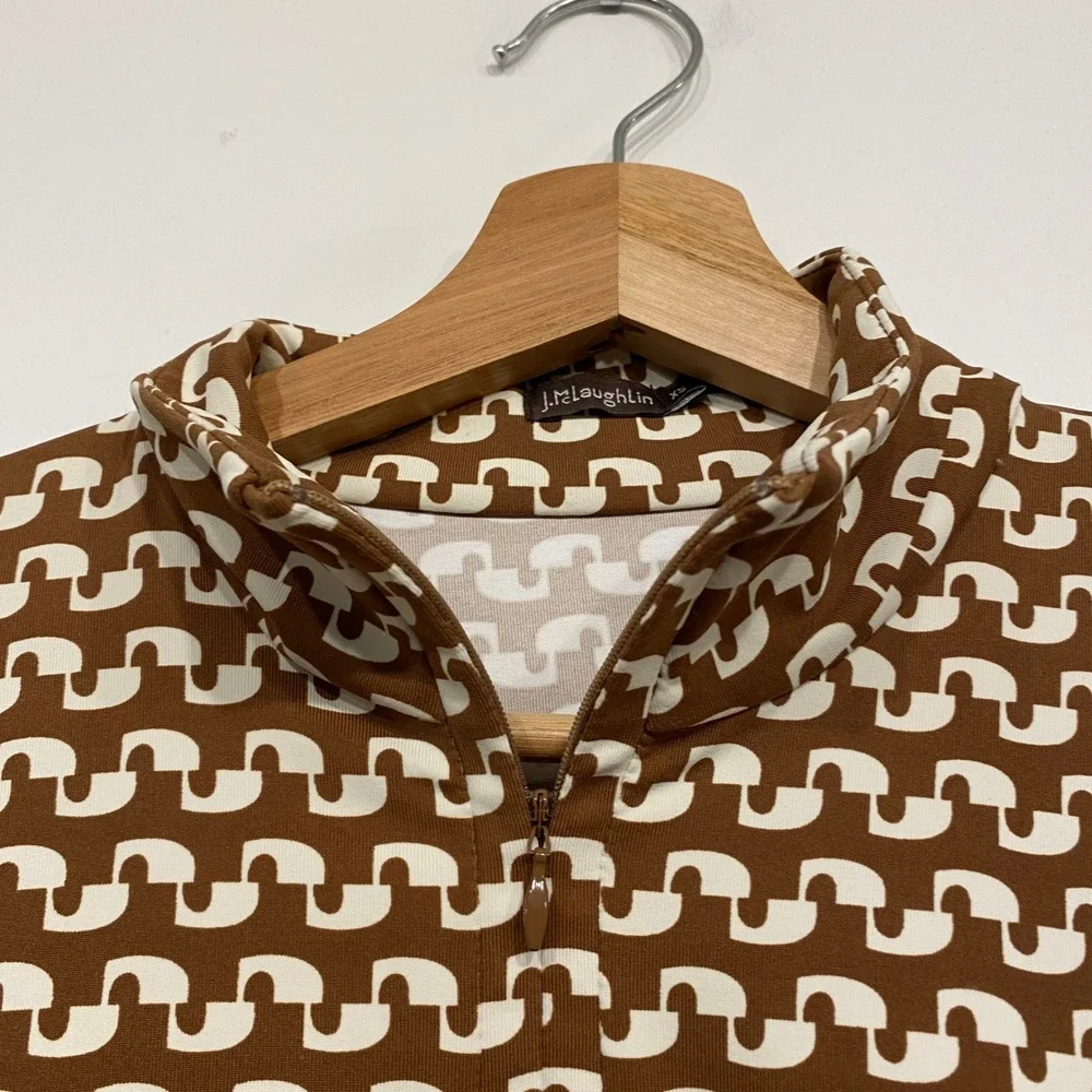 J.McLaughlin Brown Geometric Print Quarter Zip Mock Neck Top XS Long Sleeve
